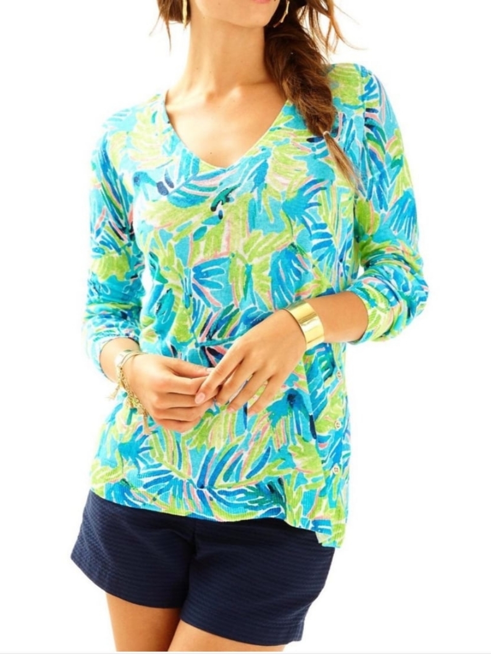 Lily Pulitzer Liesel 100% Linen V Neck Sweater Sz S Serenity Breezy Resortwear